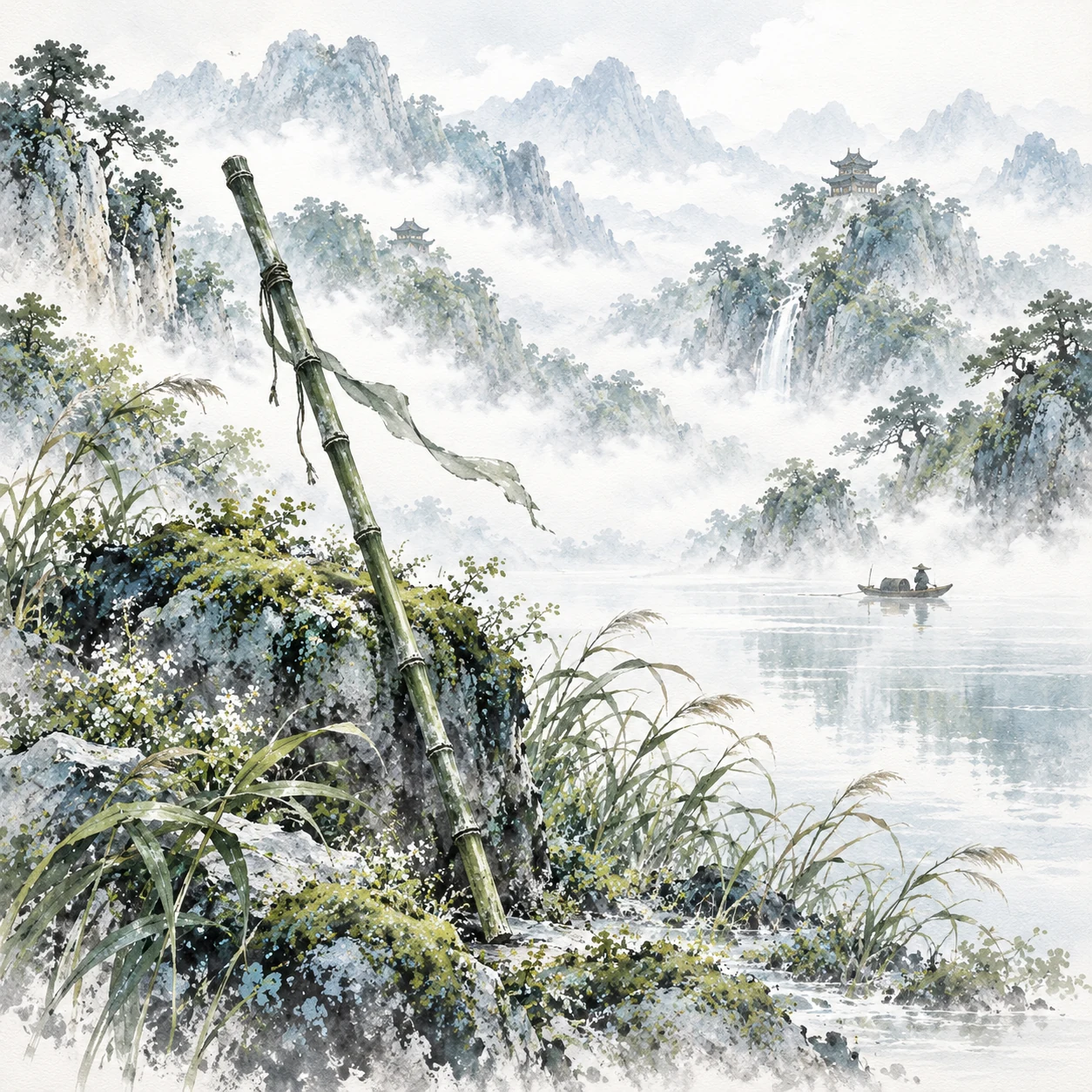 Trượng trúc xanh bên bờ sông và những rặng núi xa.