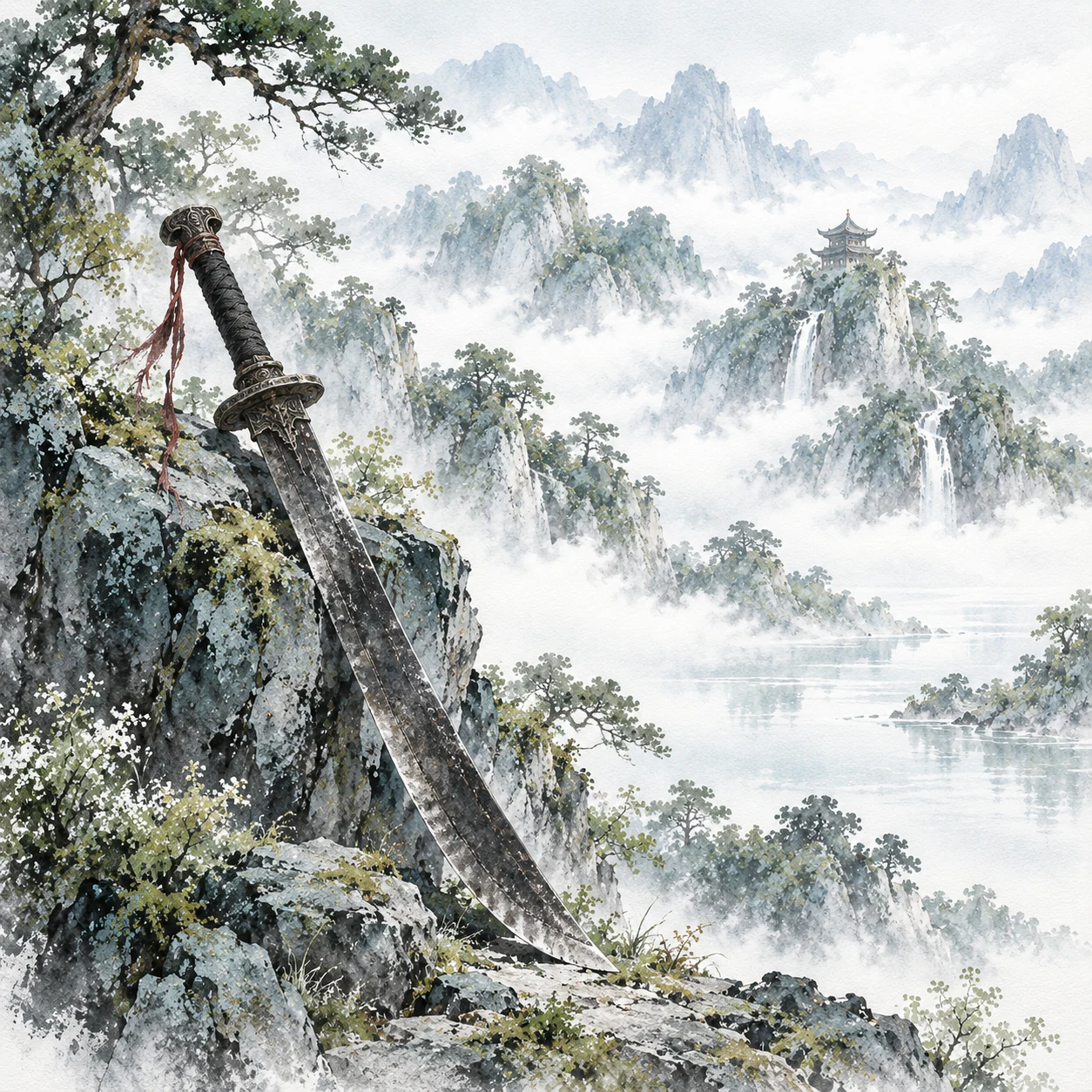 Binh khí cùng dây tua đỏ trên đá núi mờ sương.