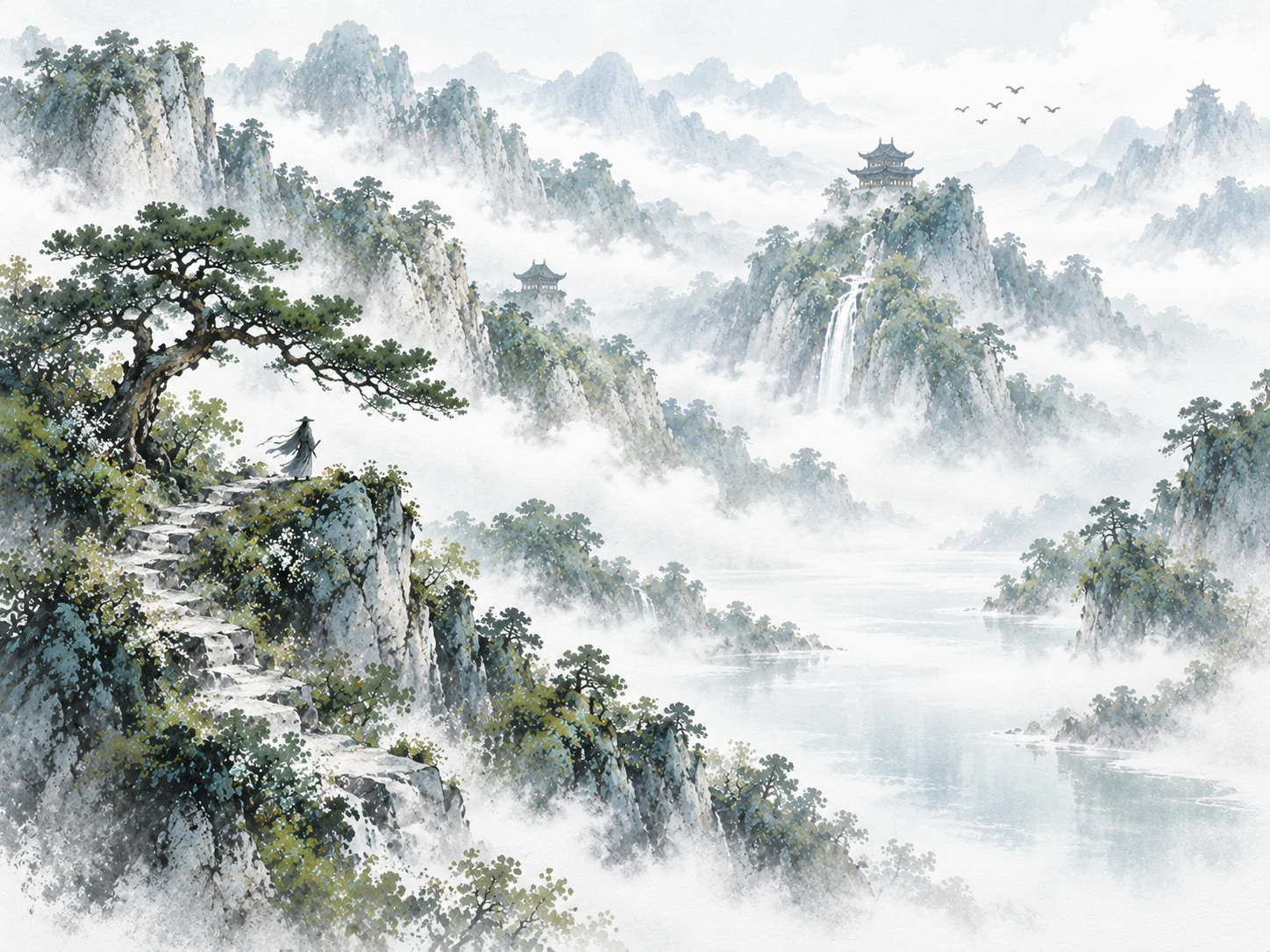 Lữ khách dưới tán tùng, nhìn về con đường chìm trong sương núi.